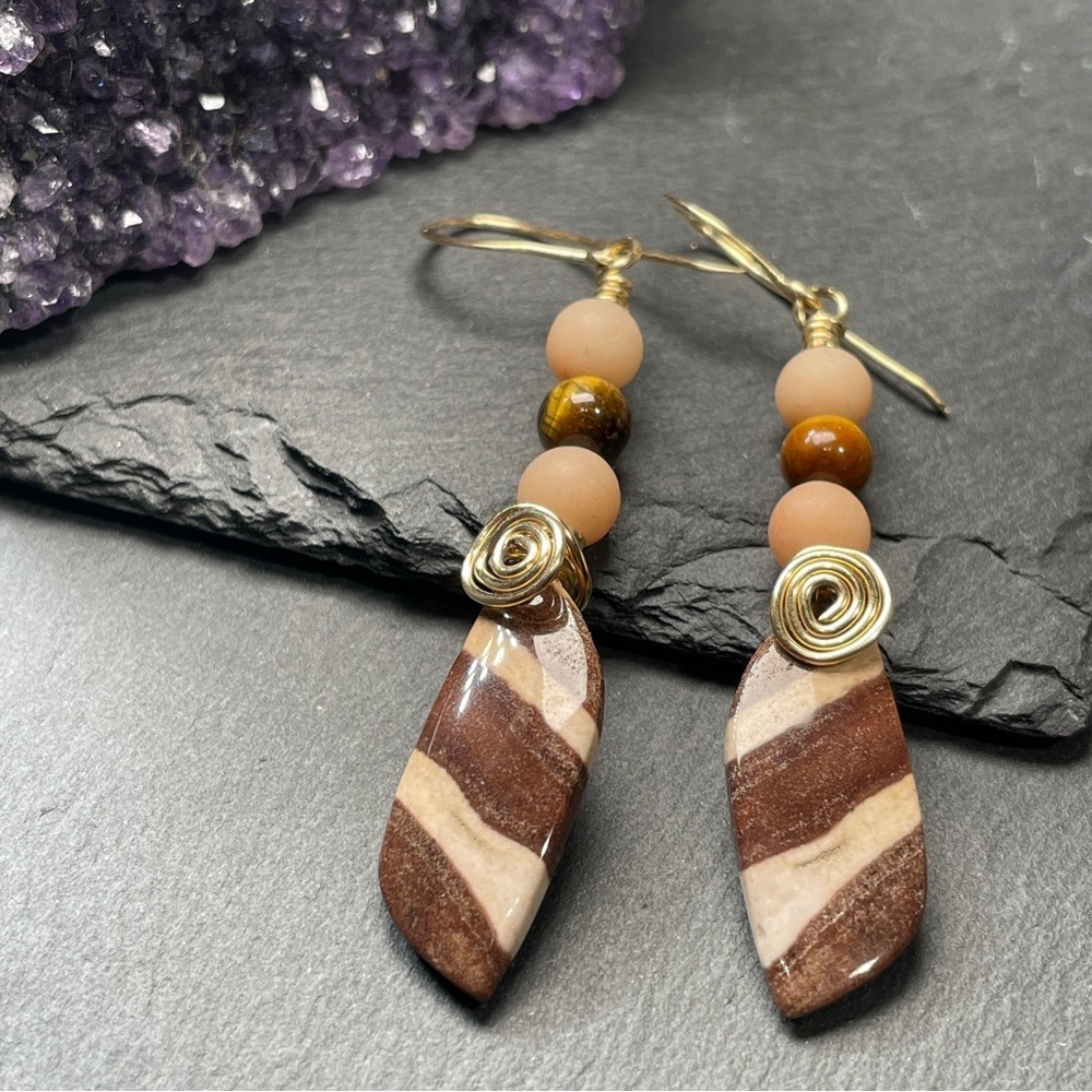 14k Gold Filled Wire Wrap
Zebra Jasper And Tiger’s Eye 
Gemstone Dangle Earrings